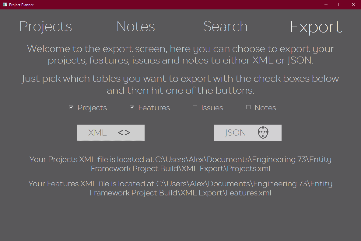 XML Export Screen